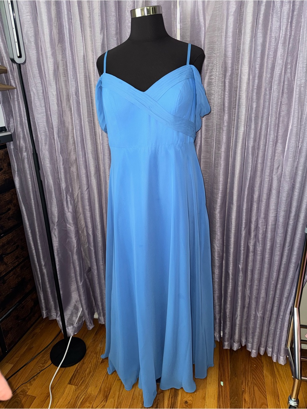 Azazie Dusty Blue Chiffon Maxi Dress | A18 | Off-Shoulder Formal